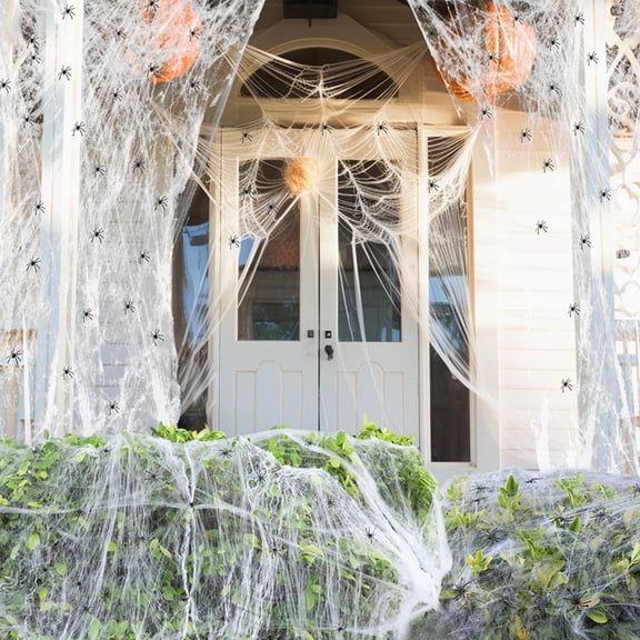 300g Large Capacity Stretch Web Cotton Set with 60 Mini Black Decorative Spider Doors & Windows for Halloween Yard Decor, Spooky Party Backdrops, Retail Window Displays & Gothic Celebrations