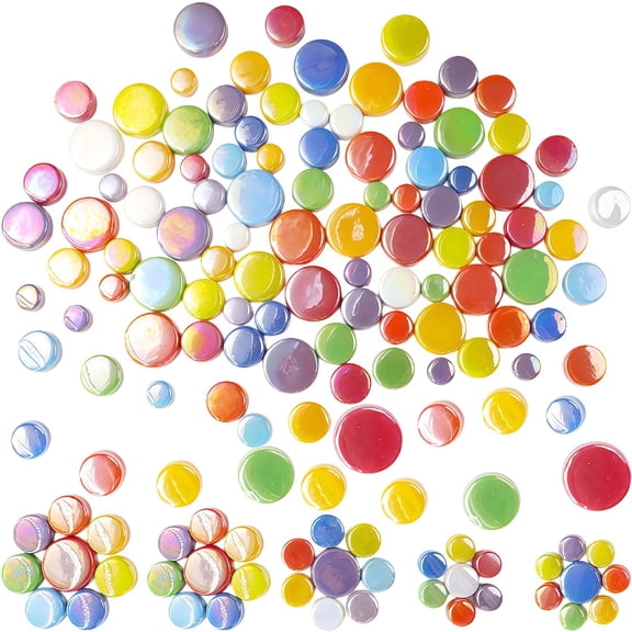 300g White Mosaic Tiles for Crafts, TGY 10mm ~20mm 5 Sizes Round Iridescent Glass Tiles for DIY Craft Art, Flowerpots, Vases, Cups, Garden Decor Mosaic Supplies (Multicolor)