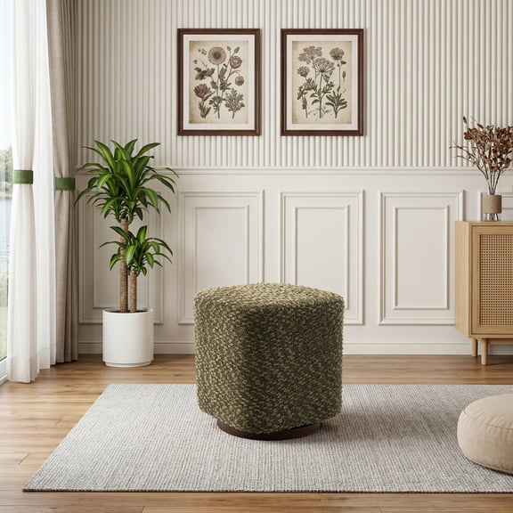 300lbs Capacity Swivel Vanity Stool Thick Foam Padded Patterned Fabric Ottoman Fully Assembled Wooden Frame Metal Base Multifunctional Accent Seat For Bedroom Living Room（Olive）