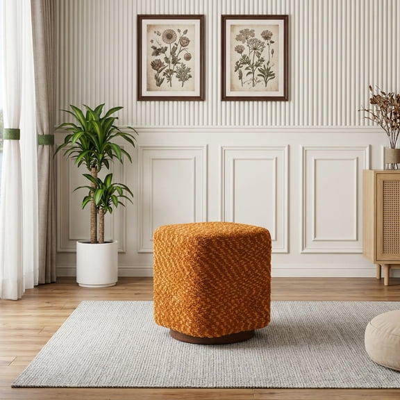 300lbs Capacity Swivel Vanity Stool Thick Foam Padded Patterned Fabric Ottoman Fully Assembled Wooden Frame Metal Base Multifunctional Accent Seat For Bedroom Living Room(Orange)