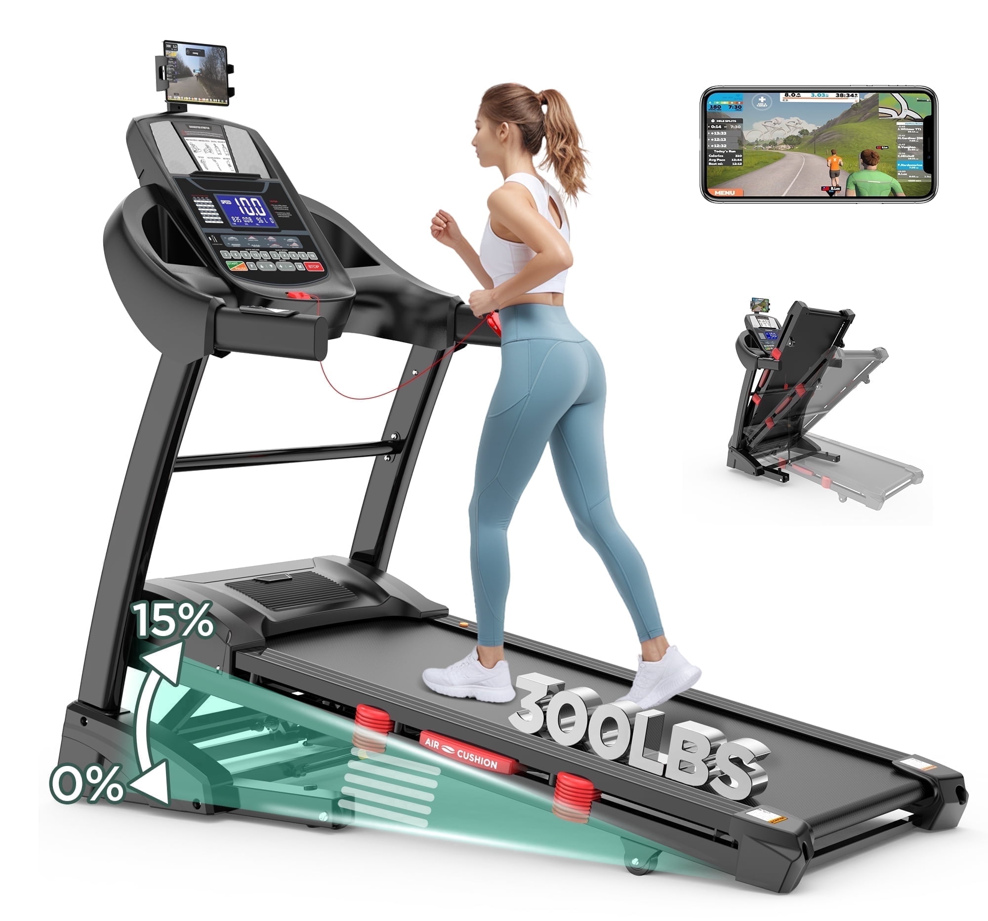 300lbs Capacity Treadmill, Folding Treadmill with 15%Incline, Electric Treadmill with APP Control, 0.6-10MPH, 64+3+3+1Programs, Shock Absorption