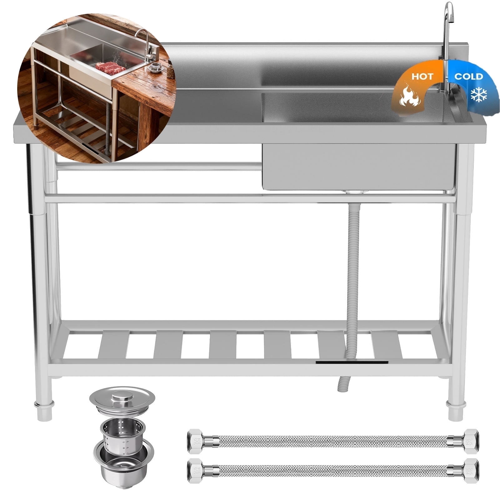 300lbs Free Standing Sink Two hot and cold water pipes, Utility Sink With Large Space Storage Rack, Stain-Resistant Commercial Kitchen Sink for Kitchen