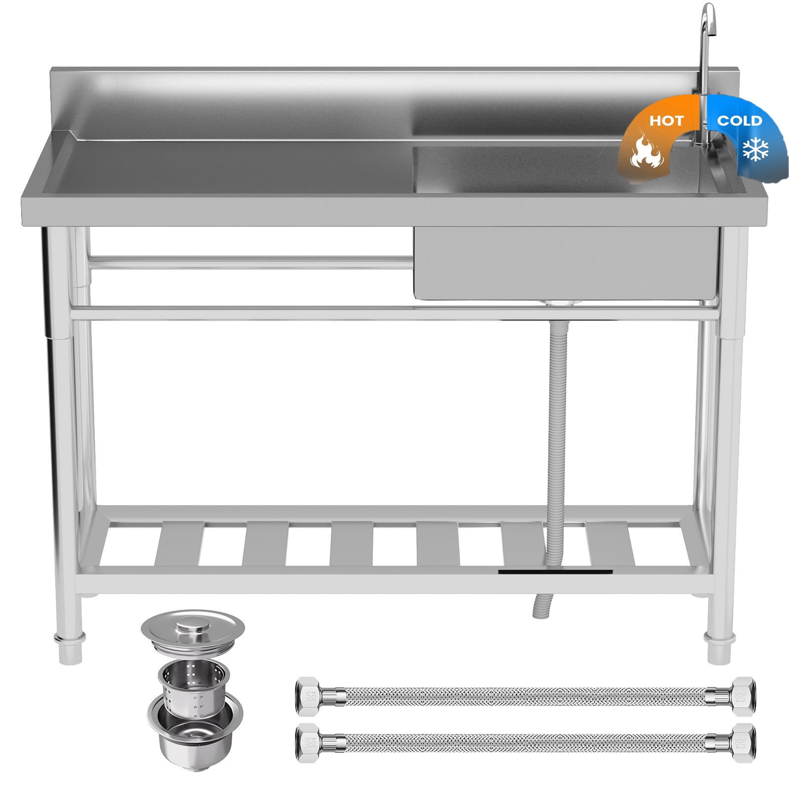 300lbs Heavy Duty Freestanding Utility Sink, 40" Commercial Grade Stainless Steel Kitchen Sink, Free Standing Single Bowl Kitchen Sinks With Worktop, Storage,360°Rotating Faucet