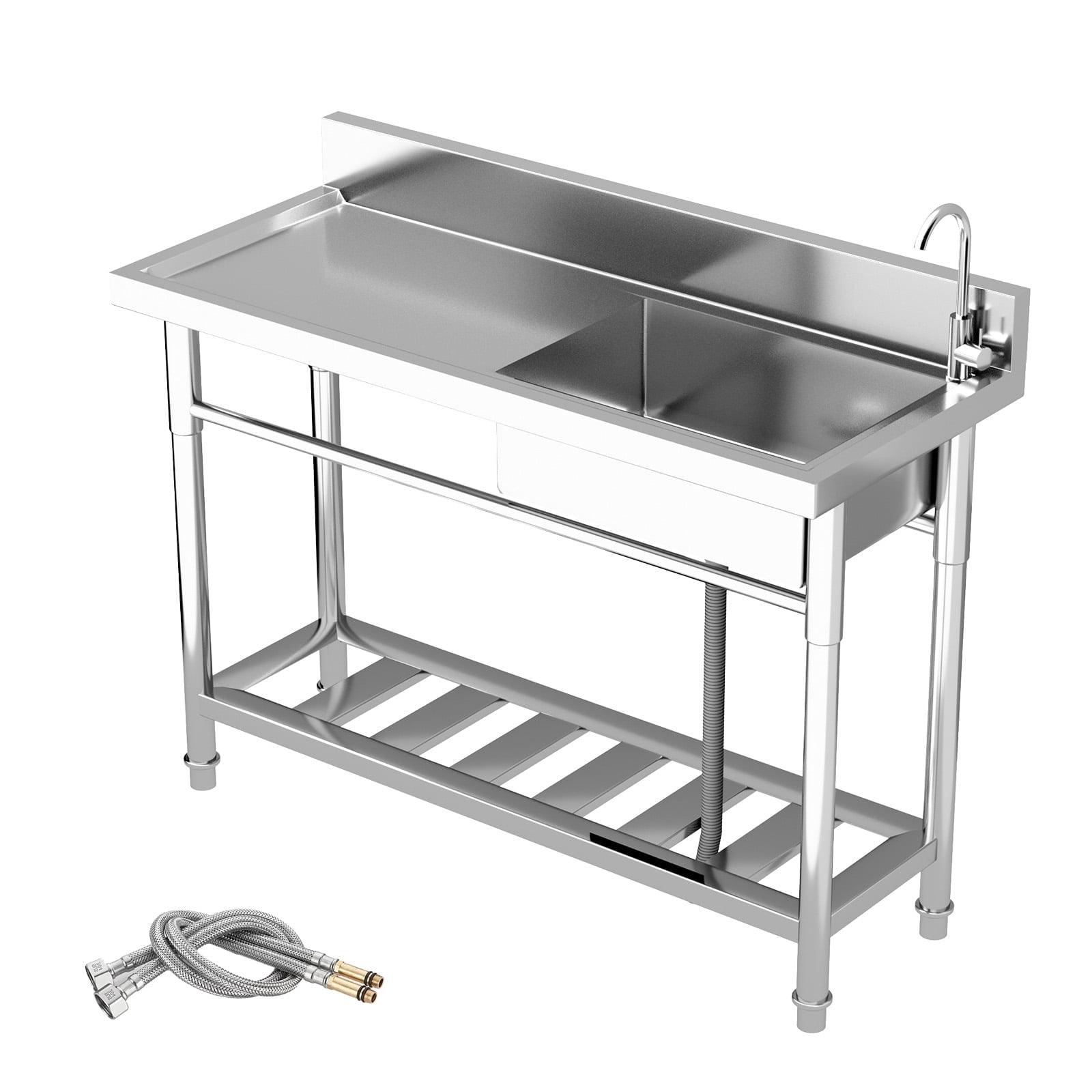 300lbs Heavy Duty Freestanding Utility Sink, 40" Commercial Grade Stainless Steel Kitchen Sink, Free Standing Single Bowl Kitchen Sinks With Worktop, Storage,360°Rotating Faucet