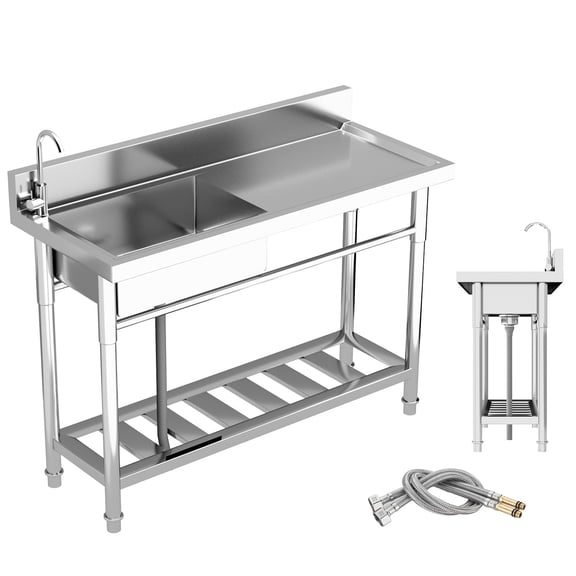 300lbs Heavy Duty Load Stainless Steel Sink, Free Standing Kitchen Sink with Countertop Workstation, Utility Sink Single Bowl with Cold and Hot Water Pipe for Kitch Laundry Room Garage Farmhouse
