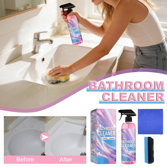 300ml Bathroom Descaler & Cleaner Spray, Foam Formula Removes Hard Water Stains, Soap Scum & Limescale on Tiles, Sink & Shower Glass - 1-Pack with Bonus Sponge & Cloth | Limited Time Deal