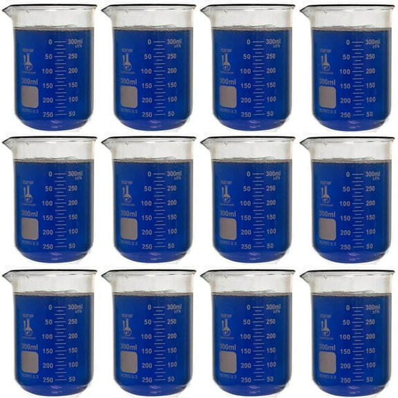 300ml Beaker, Low Form Griffin, Borosilicate 3.3 Glass, Double-Scale Graduations, Karter Scientific 247J3 (Pack 12)