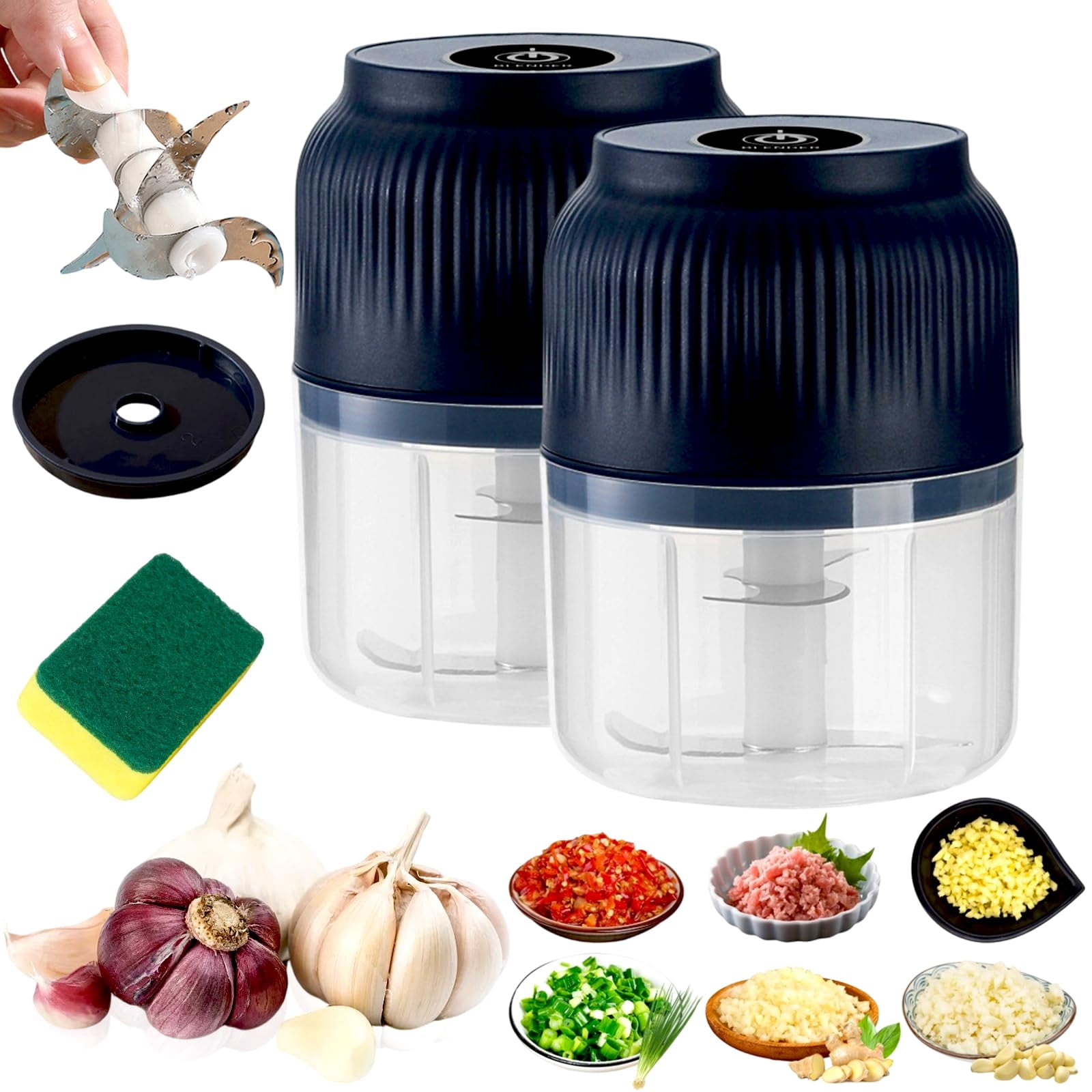 300ml Electric Garlic Chopper, Mini Portable Veggie Cutter with 4 Sharp Stainless Steel Blades, Compact One-Touch Food Processor Easy to Clean