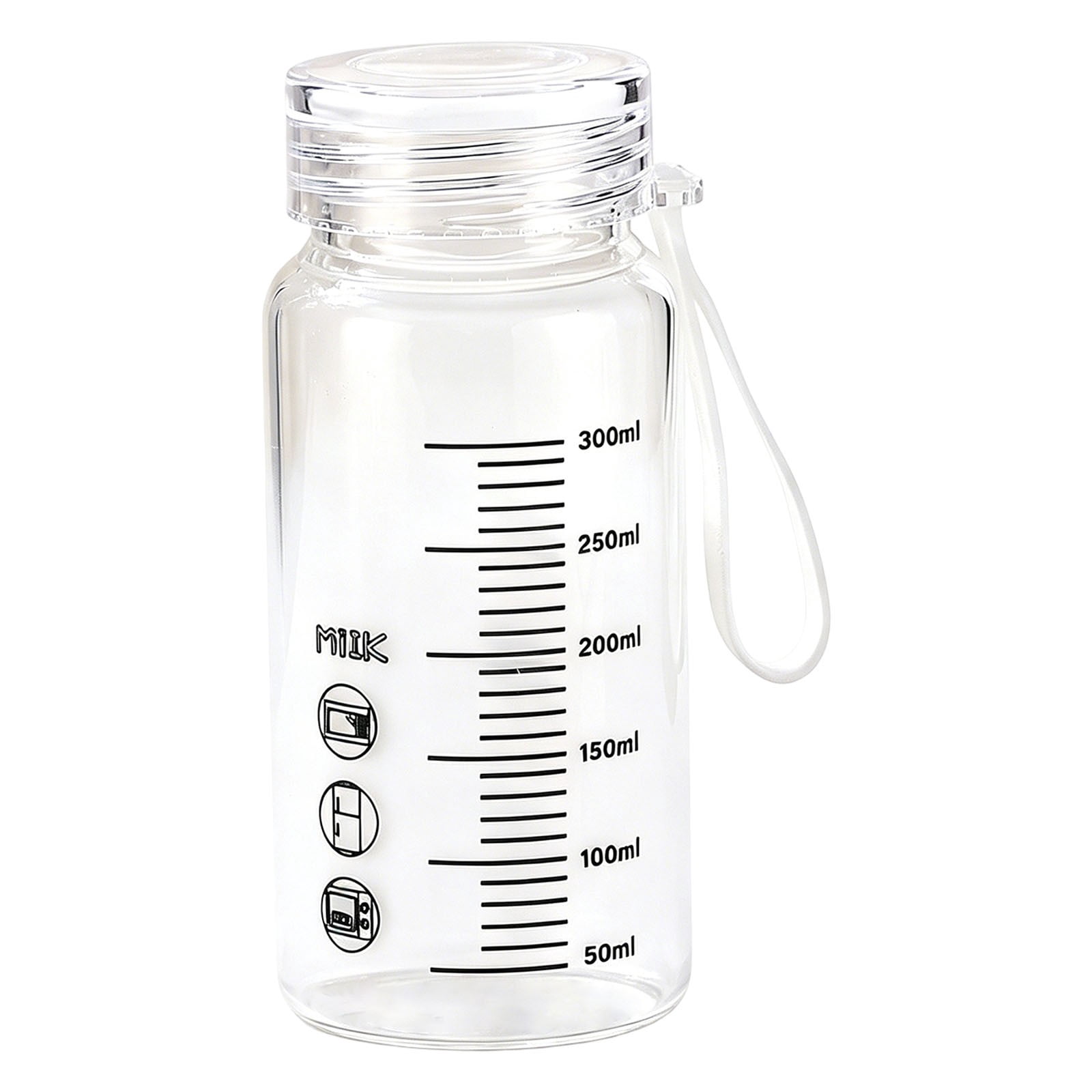 300ml Glass Water Bottle with Measurement Scale, Leakproof Lid with Strap, Reusable Portable Travel Espresso Coffee Mug for Office Car, Microwave Safe, Clear