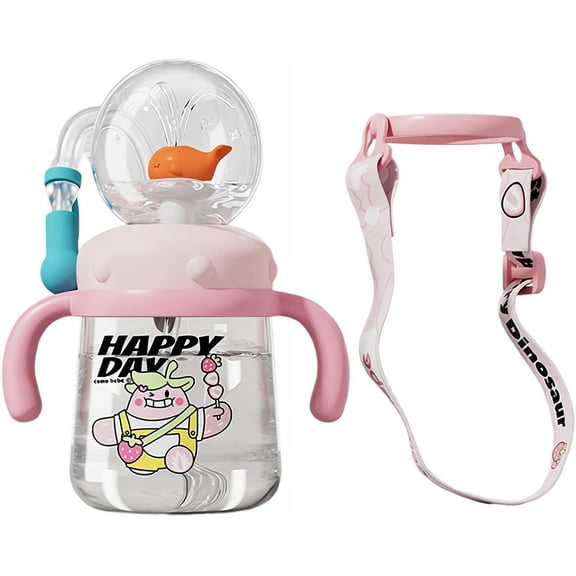 300ml Kids Whale Fountain Sippy Cup with Adjustable Strap, Leak Proof Straw Bottle for Toddlers Girls, Cute Spray Water Tumbler for Home School Travel(wwx)