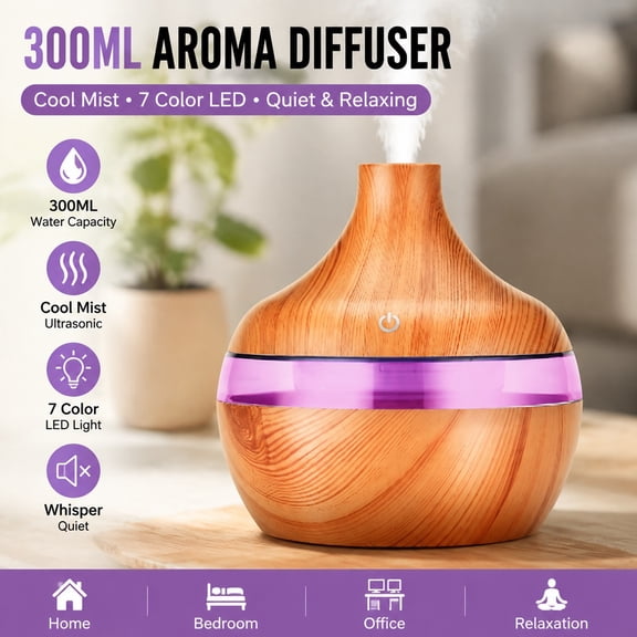 300ml Ultrasonic Aroma Diffuser Humidifier Essential Oil Diffuser with 7 Color LED Light Cool Mist Maker Wood Grain Design for Home Office Bedroom