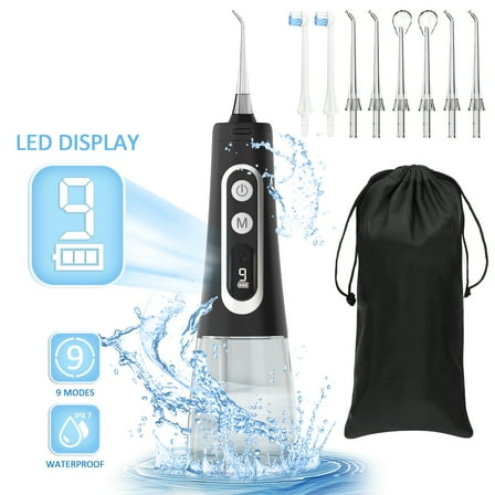 Cshidworld 300ML Water Dental Flosser Cordless for Teeth, LCD Display Portable Water Flosser Cleaner Picks with 9 Modes 8 Jet Tips, IPX7 Waterproof Electric Flosser Oral Irrigator for Home Travel