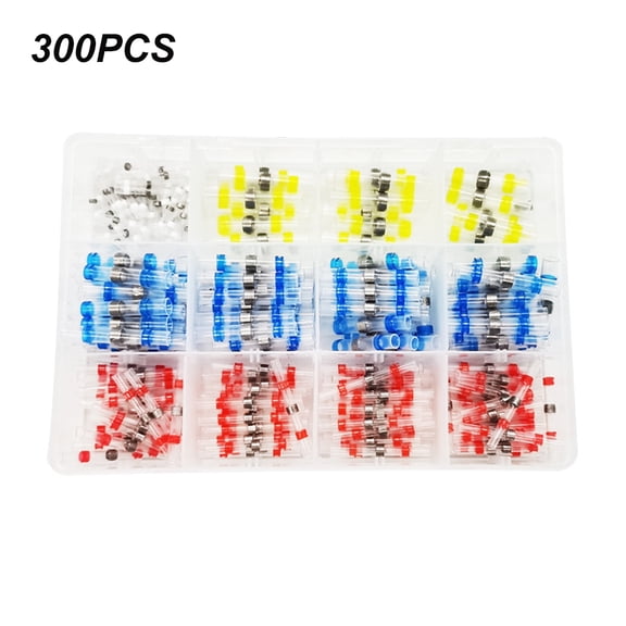 300pc Professional Waterproof Heat Shrinkable Solder Ring Wiring Terminals Kit, High Conductivity Insulated Butt Splice Electrical Connecting Connectors, 8.86x5.91x1.57 inches / 22x15x4 cm