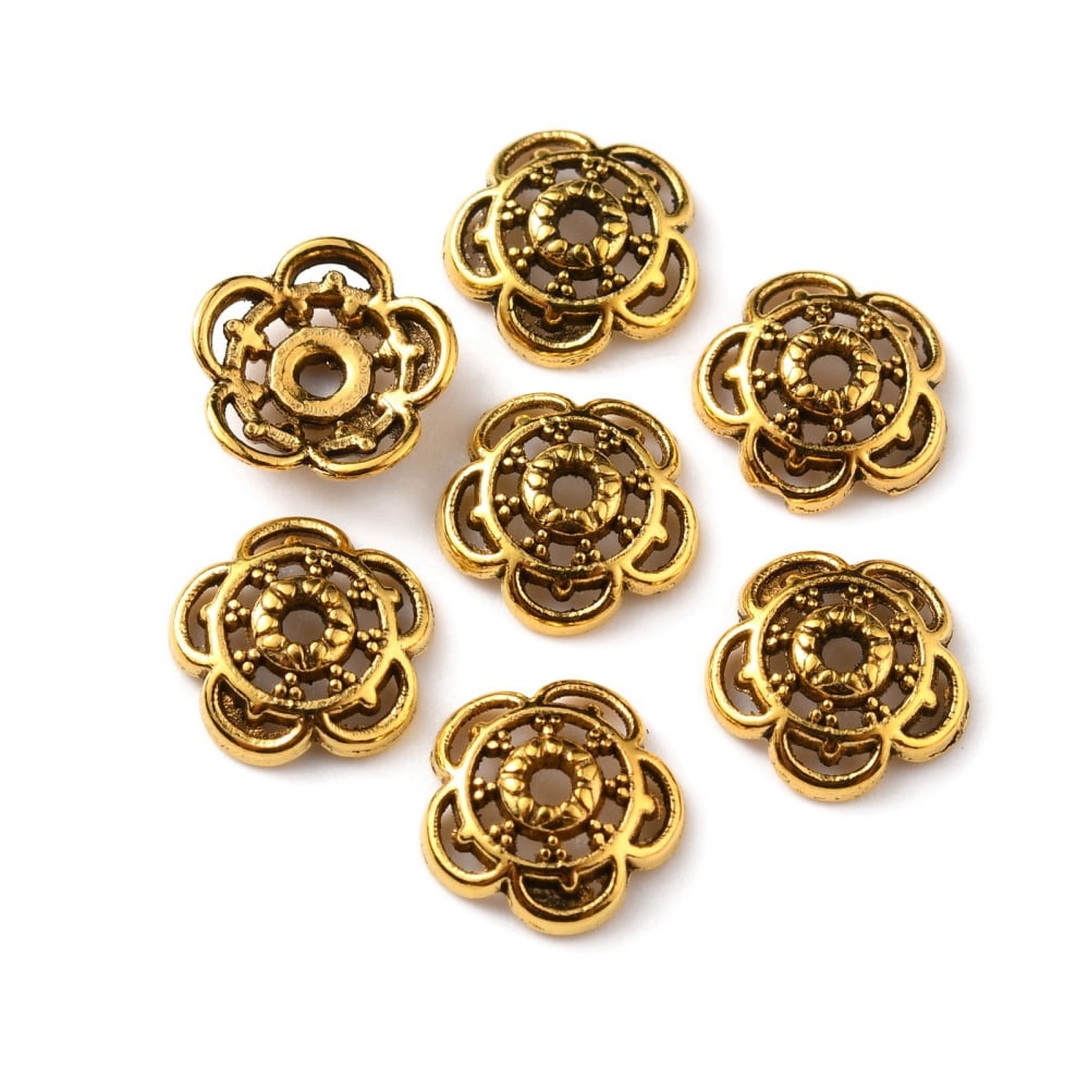 300pc Tibetan Style Alloy Bead Caps 5-Petal Flower Antique Golden 8x2.5mm Hole: 1.2mm