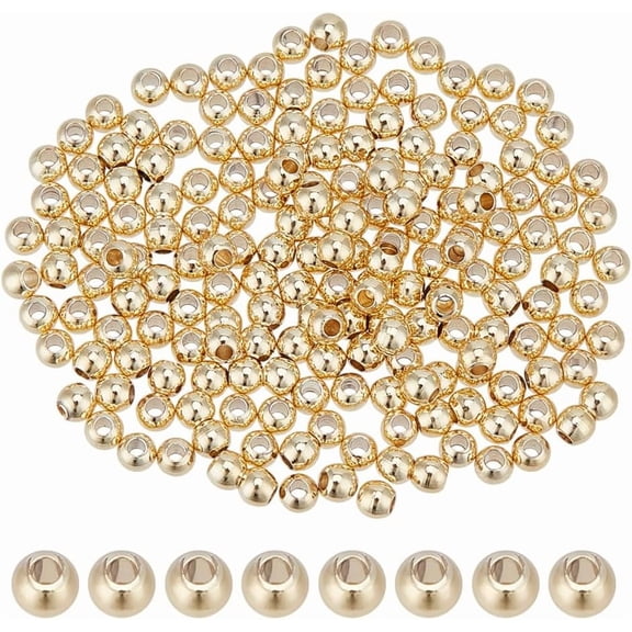 300pcs 14K Gold Plated Brass Beads 3MM Smooth Round Loose Bead Seamless Ball Bulk Spacer Beads for Jewelry Making Stackable Bracelet Necklace Dangle Earring Ring DIY Crafts for making