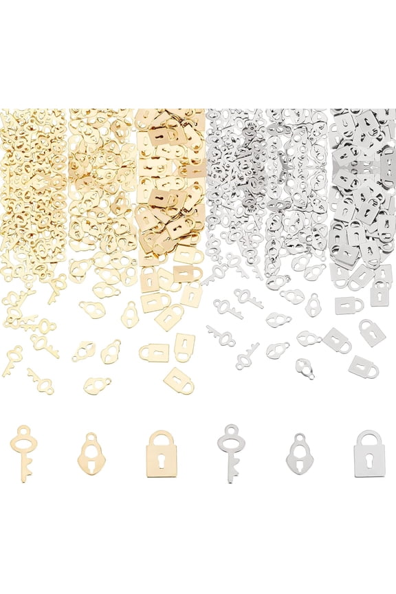 300pcs 3 Styles Golden and Stainless Steel Color Lock Charms Padlock Pendants Key Shaped Charms for Jewelry Making Hole: 2mm Making DIY