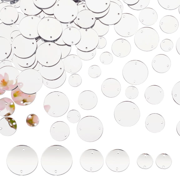 300pcs 3 style Flat Round Acrylic Mirror Sew on Rhinestone Garments Accessories 2-Hole Links Silver 10~20mm 100pcs/style