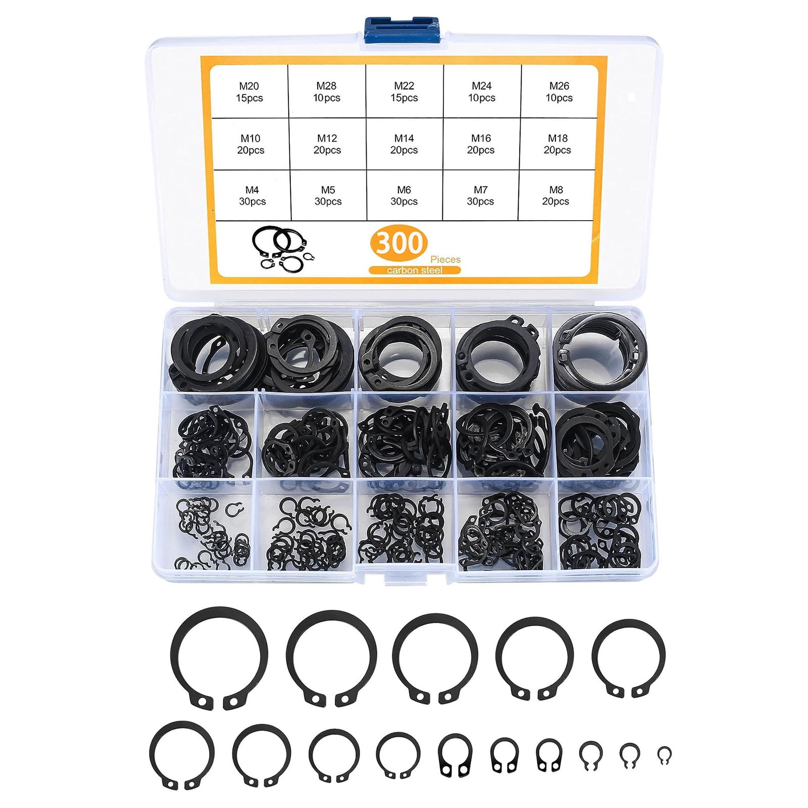 300pcs 4mm to 28 Assorted Clip Rings set Steel Retaining Rings Easy ...
