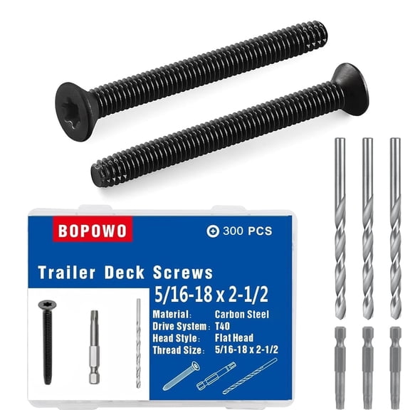 (300pcs) 5/16-18 x 2-1/2" Flat Head Thread Cutting Trailer Deck Screws, Black Phosphate, Package Contains T40 Star Drivea and 9/32 Drill bit