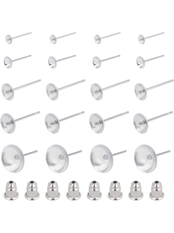 300pcs 5 Sizes Round Blank Peg Stud Earrings Stainless Steel Earring Findings Settings with Ear Nuts 0.4mm Pin Ear Studs for Earring Jewelry Making Stainless Steel Color DIY