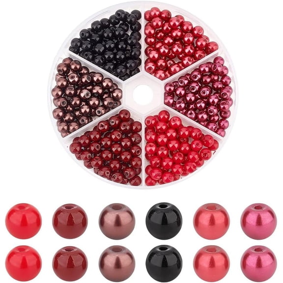 300pcs 6 Colors Black Red Series Glass Pearls 6mm Tiny Satin Luster Pearls Beads Round Painted Bracelet Making Beads Kit DIY Crafts Necklaces Earrings