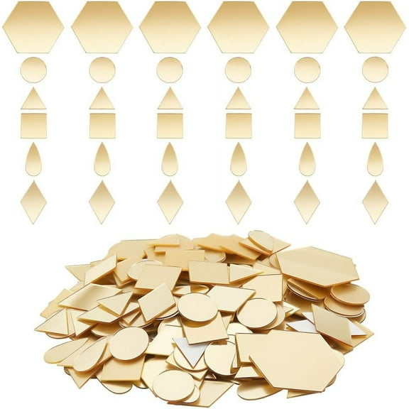 300pcs 6 Shapes Golden Mirrors for Crafts Self Adhesive Mirror Tiles Acrylic Craft Mirror Stickers Small Mirror Circles for Framing Crafts Arts DIY Projects Wall Table Decor
