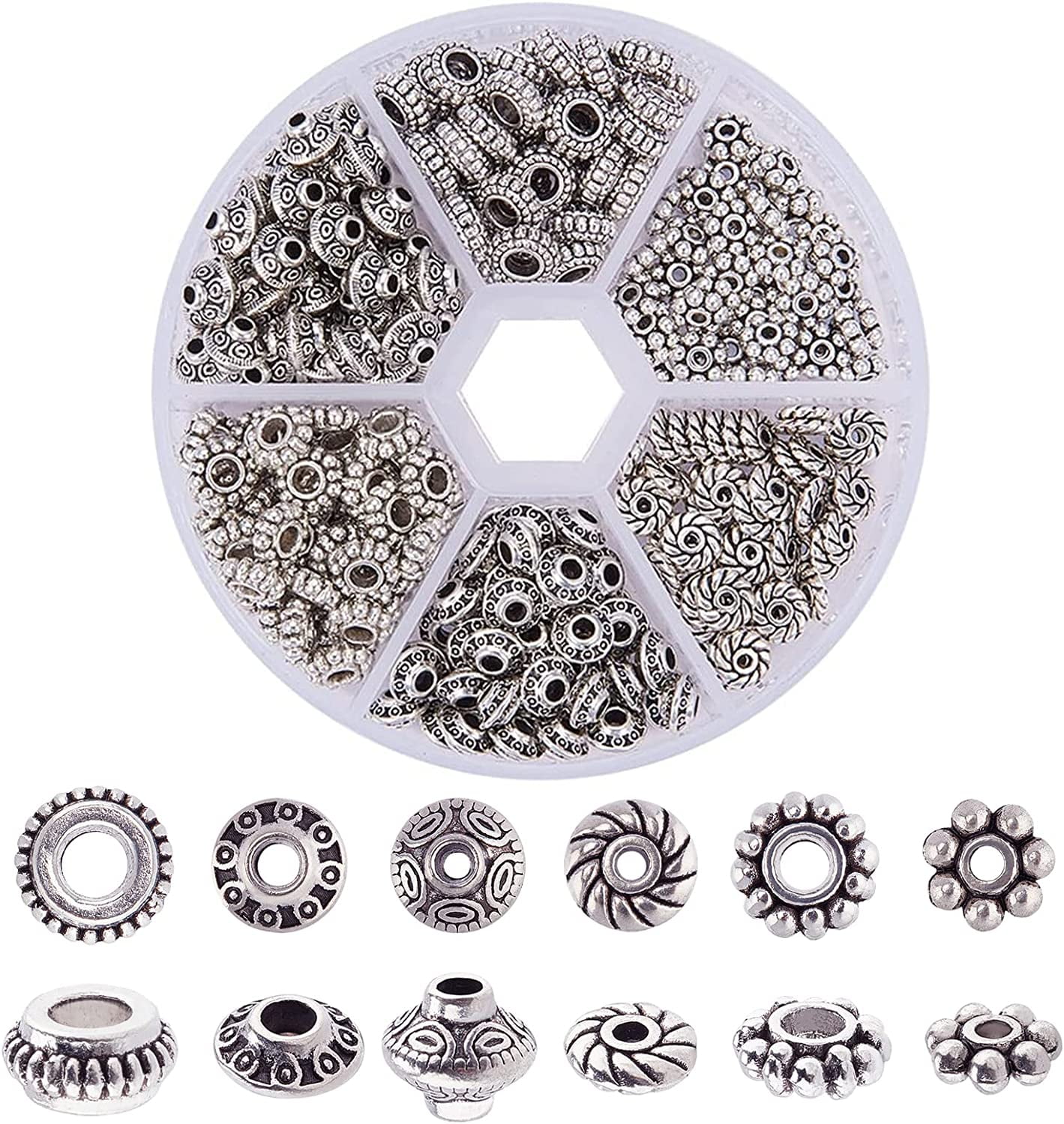 Textured Metal Large Hole Spacer Beads in 4 Styles in Antique Silver Tone  115 Pieces Total - JLW11737