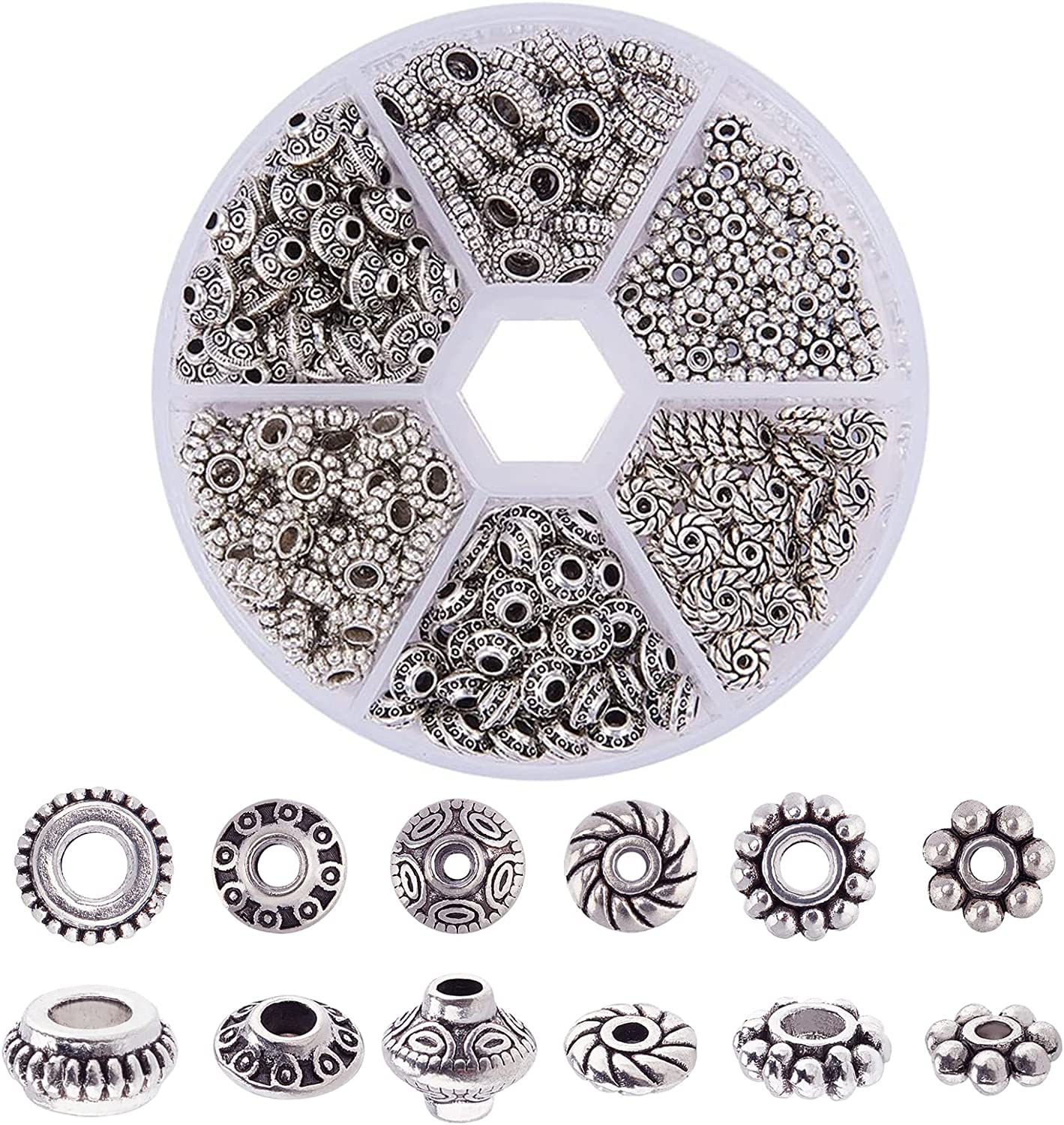 300pcs 6 Style Antique Silver Spacer Beads Tibetan Metal Alloy Jewelry  Beads Tube Spacers Flower Flat Rondelle Small Loose Beads for Bracelet  Necklace