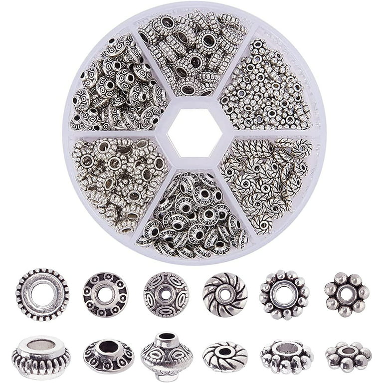 300pcs 6 Style Antique Silver Spacer Beads Tibetan Metal Alloy Jewelry Beads  Tube Spacers Flower Flat Rondelle Small Loose Beads for Bracelet Necklace  Earring Jewelry Making Supplies 