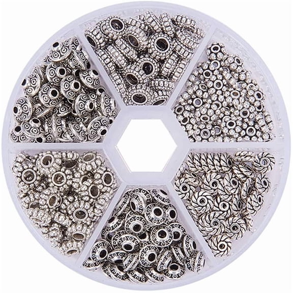 300pcs 6 Style Silver Spacer Beads Tibetan Metal Alloy Tube Spacers Flower Flat Rondelle Small Loose Beads for Bracelet