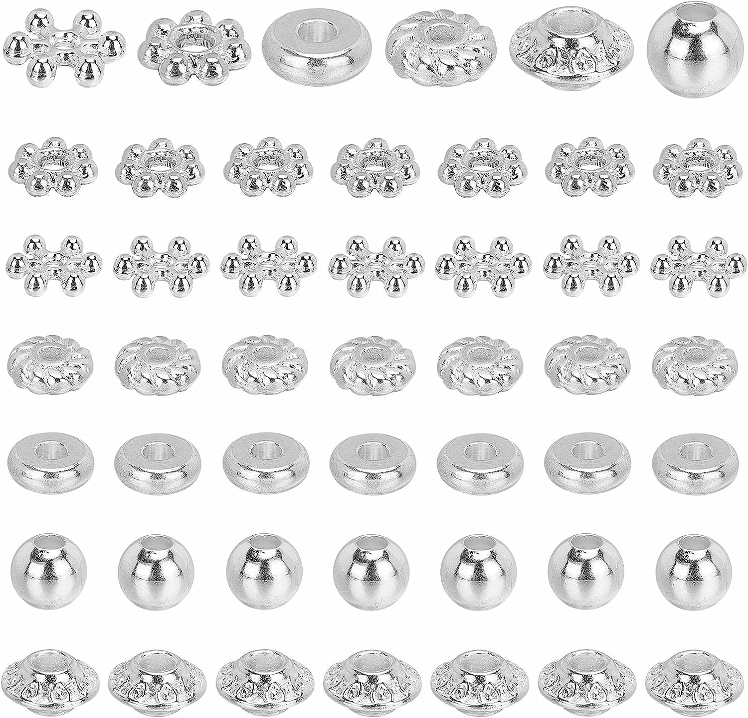 300pcs 6 Style Spacer Beads Tibetan Silver Metal Beads Flat Round Snowflake Rondelle Bicone Spacers Small Loose Beads for Bracelet Necklace Earring Jewelry Making Supplies diy Silver