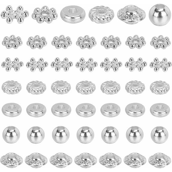 300pcs 6 Style Spacer Beads Tibetan Silver Metal Beads Flat Round Snowflake Rondelle Bicone Spacers