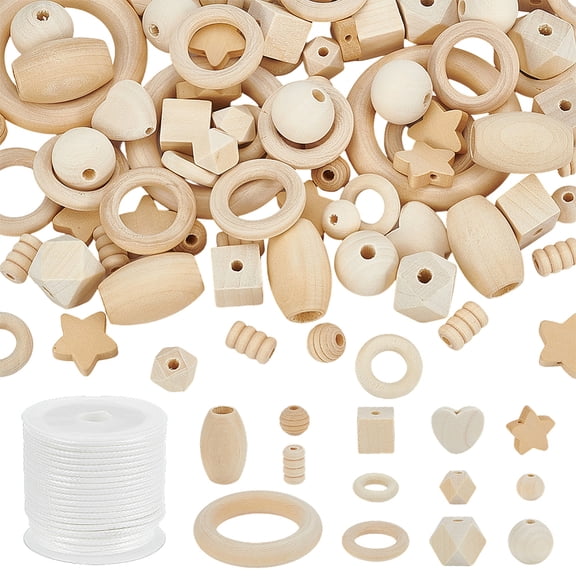 300pcs 8 Shapes Wooden Beads 12~56mm Unfinished Wood Beads Craft Beads Natural Wooden Spacer Beads with 2mm White Waxed Cord