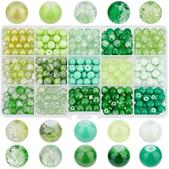 300pcs 8mm Green Glass Beads 15 Colors Craft Glass Beads St Patrick Day Beads Christmas Green Loose Beads Spacers for Spring Home Decor DIY Earring Necklace Bracelet Jewelry Making