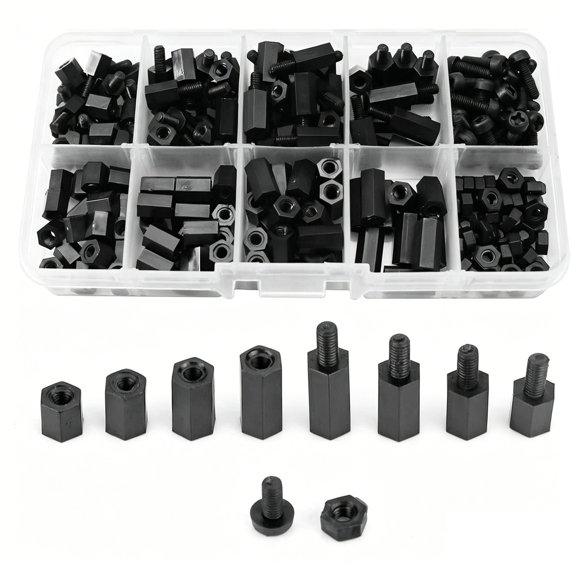 300pcs Black Nylon M3 Hexagon Isolation Column Screws Set for Electronics & DIY Projects