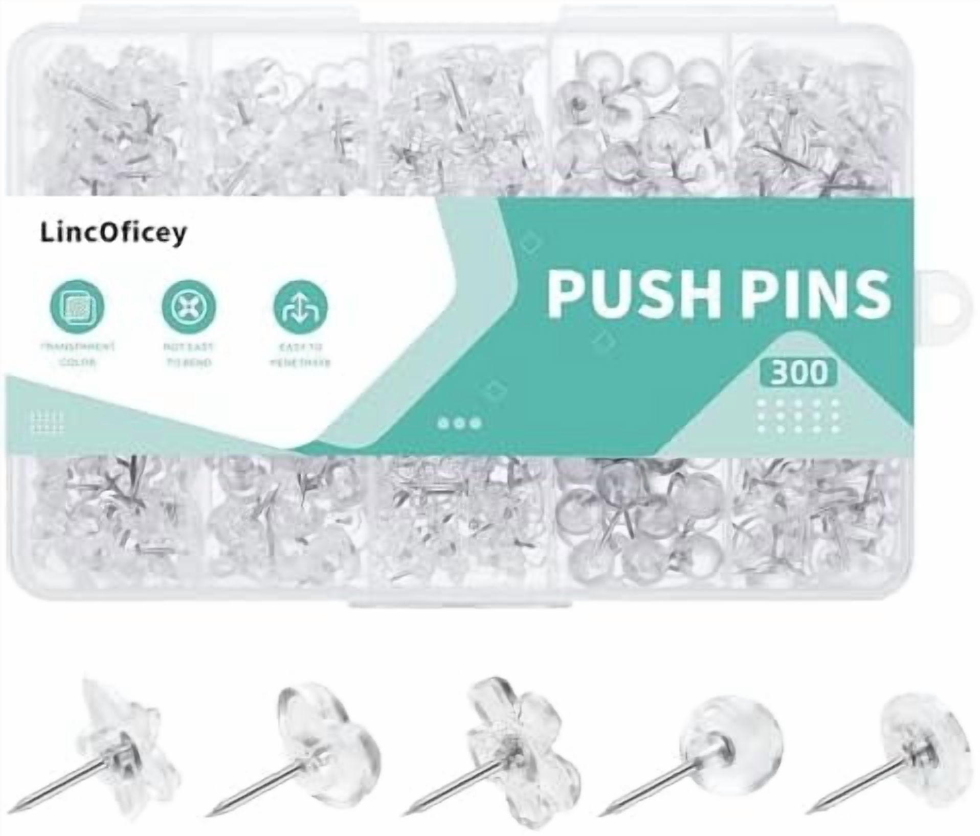 300pcs Clear Push Pins Set, 5 Different Shapes Thumb Tacks for Bulletin ...