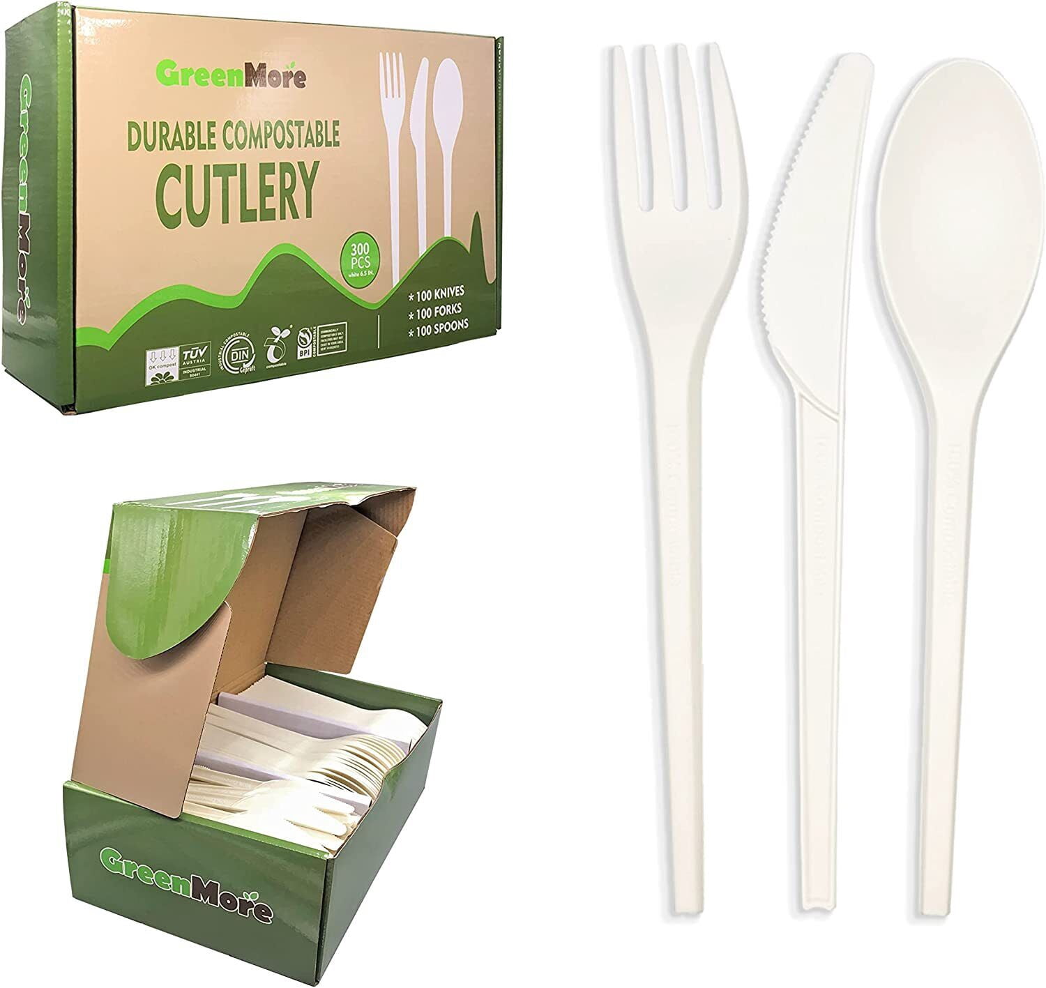 300pcs Compostable Disposable Cutlery Eco-Friendly Set, 100 Spoons, 100 ...