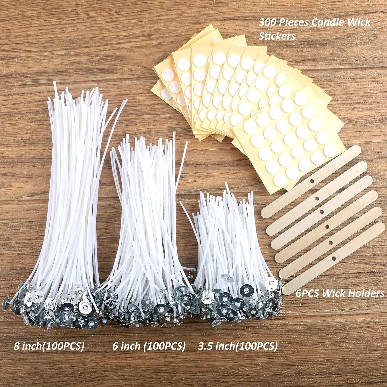 300pcs Cotton Candle Wicks (3.5"/6"/8"), 300pcs Stickers, 6pcs Wooden Wick Holders - Candle Making Kit