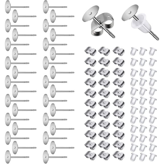 300pcs Earring Posts and Backs Hypoallergenic Stainless Steel Earring Posts 5mm Silver Flat Pad Earring Studs for Jewelry Making with Rubber Earring Backs and Butterfly Earring Backs