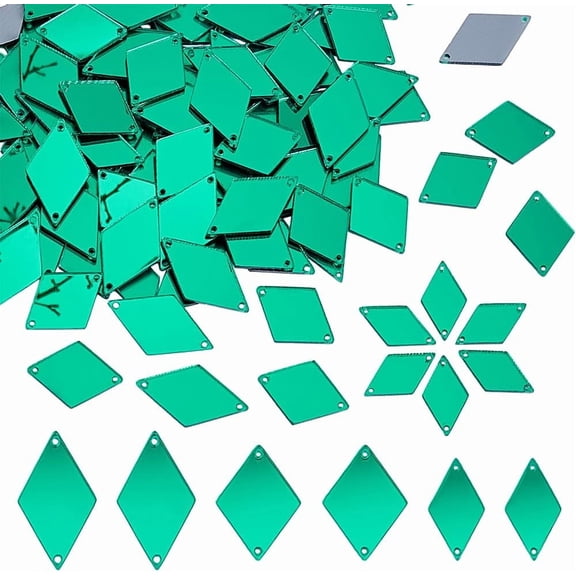 300pcs Green Sew on Mirrors 18/20/24mm Acrylic Mirror Rhombus Mirrors DIY Mirrored Rhinestones 2 Hole Mirror Piece Loose Bead Links