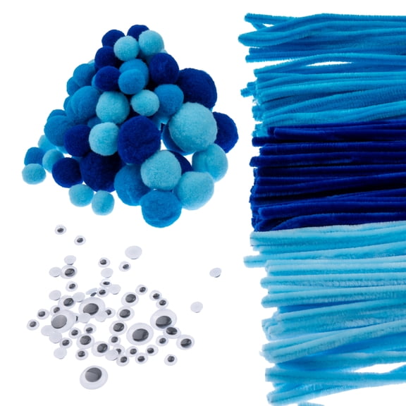 300pcs John Bead Craft Pack Blue Mix Pipe Cleaners for Crafts Pompoms Googly Eyes Set Arts School Supplies