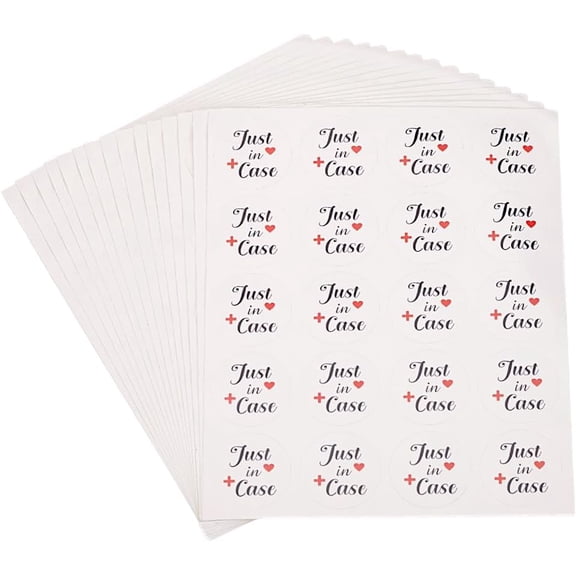 300pcs Just in Case Adhesive Sticker 2inch Wedding Paper Labels for Hangover Kits Round White Stickers with Text Heart for Events Hotel Welcome Bags Party Favor Bags
