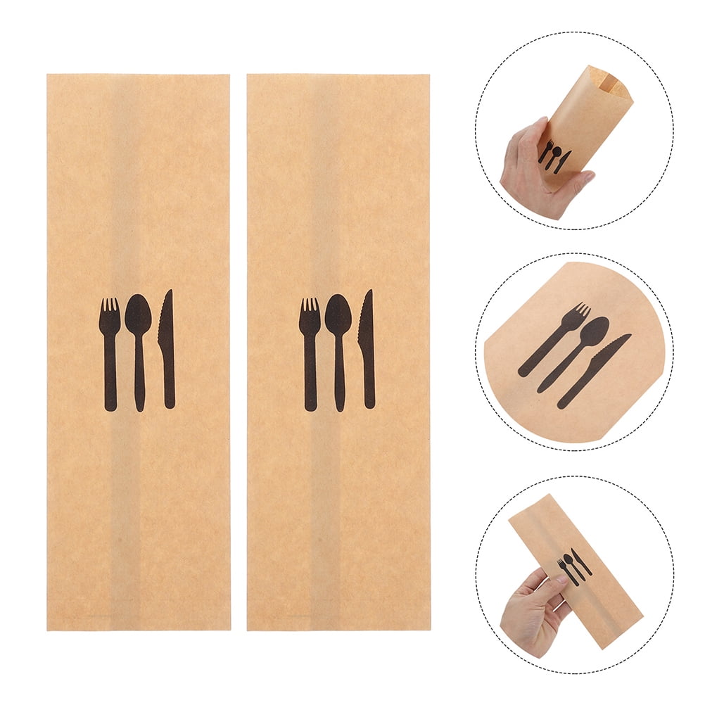 Supvox 300Pcs Kraft Paper Silverware Sleeves with Oil Proof Lamination for Banquets and Catering Service
