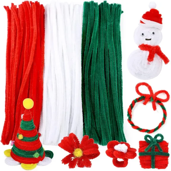 300pcs Pipe Cleaners, Christmas Craft Pipe Cleaners, Pipe Cleaners Chenille Stems, Pipe Cleaners Bulk, Art Pipe Cleaners For Creative Christmas Decoration Supplies (Red+Green+White)