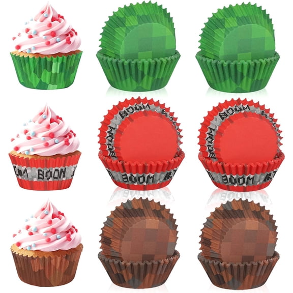 300pcs Pixel Cupcake Liners, Versatile Brown Green Red Cup Cake Rings Stand Holders Toppers Birthday Party Cupcake Liners Game Player Party Decoration for Craft Supplies (3 Styles)