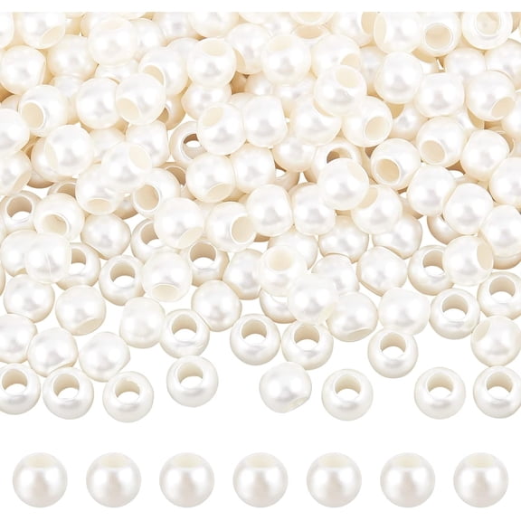 300pcs Plastic European Pearl Beads, Creamy White Big Hole Plastic Imitation Pearl Round Faux Pearls Loose Rondelle Spacer European Beads for DIY Dreamcatcher Jewelry Making, Hole: 5.8 mm