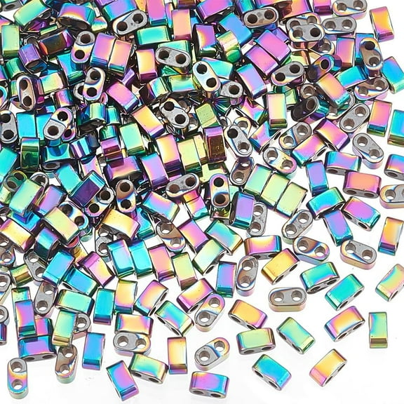 300pcs Rainbow Half Beads 4.5x2x2.5mm Synthetic Hematite Flat Craft Bead 2 Hole Bead Gradient Japanese Loose Spacer Bead for DIY Stackable Jewelry Friendship Bracelet Making