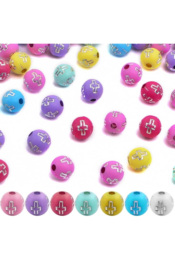 300pcs Round Cross Spacer Beads Acrylic Crucifix Ball Beads Colorful and Silver Cross Crucifix Craft Beads for DIY Rosary Necklace Bracelet Jewelry Making Dcor
