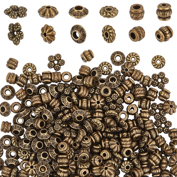 300pcs Spacer Beads for Bracelets 6 Styles Tibetan Beads Alloy Flat Flower Cube Beads Bronze Loose Beads Plated Beads Spacers for Bracelet
