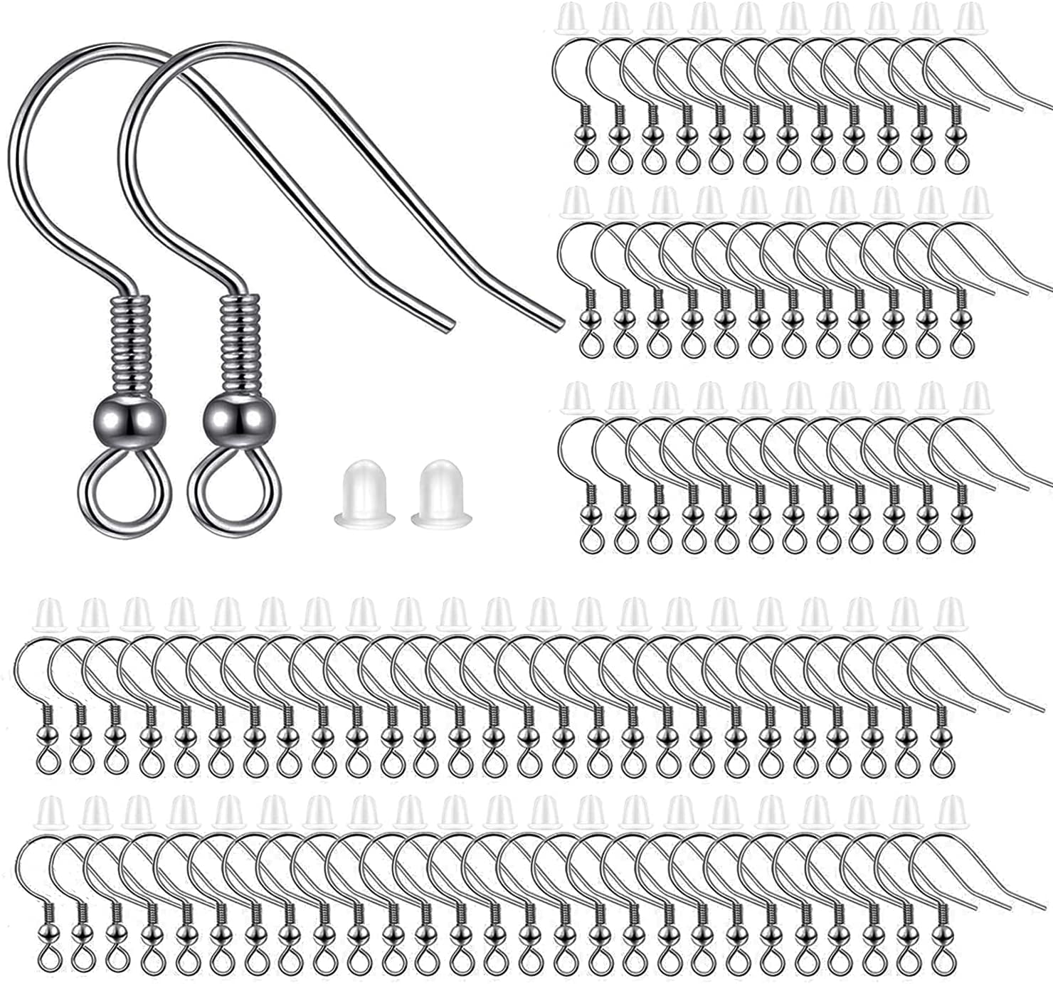 300pcs Stainless Steel Earring Hooks with Rubber Backs, Silver, Elegant, Polished, Hypoallergenic, DIY Ear Findings Supplies